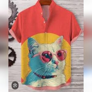 Stylish Cat Print Short Sleeve Button Down Shirt
